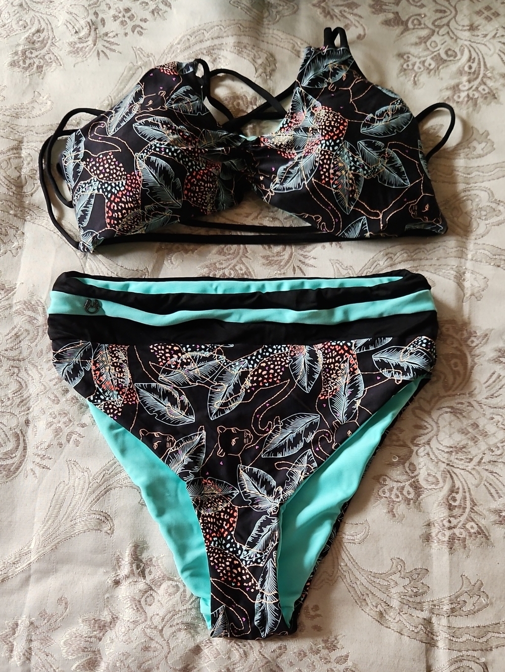 Maaji Black Floral Bikini Set with Aqua Accents
